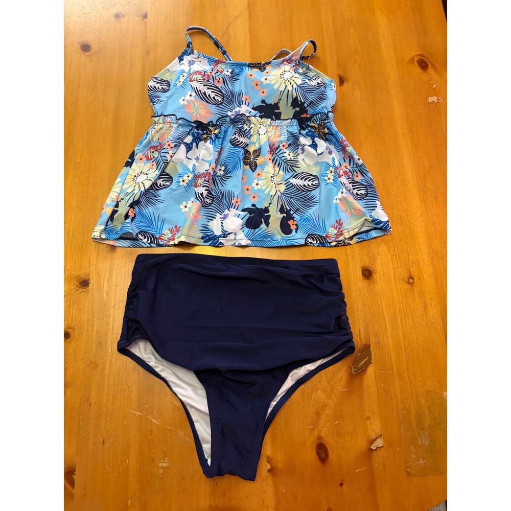 Floral Tropical Tankini‎ Set High Waisted Navy Blue Swimsuit Medium NWOT